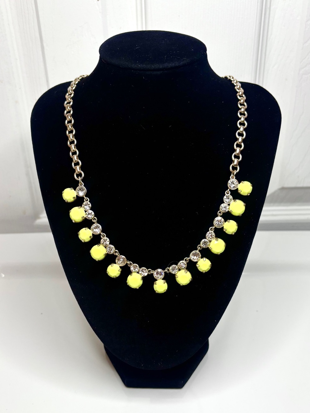 J.CREW Gold Tone sparkling Rhinestone Bright Yellow Bead Scoop Necklace Signed